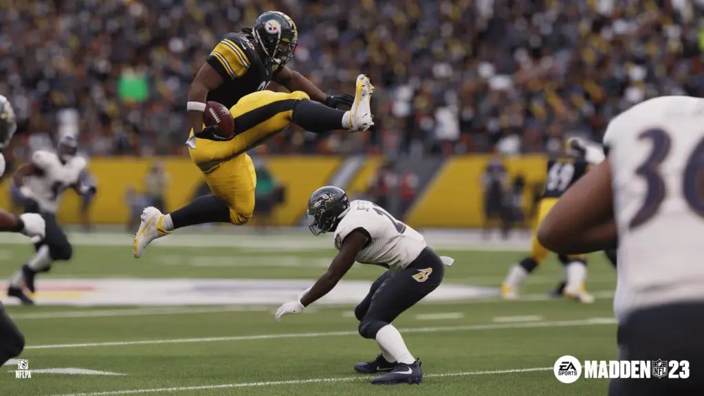 Madden 23 screenshot of steelers’ RB najee Harris jumping over defender