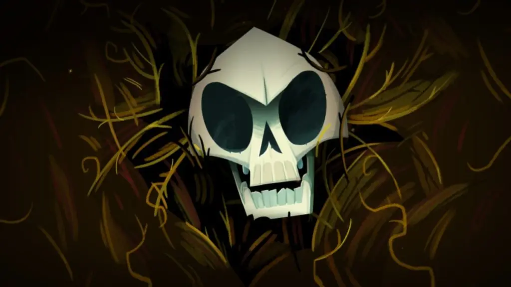 a cartoonish, white skull in a bed of hay