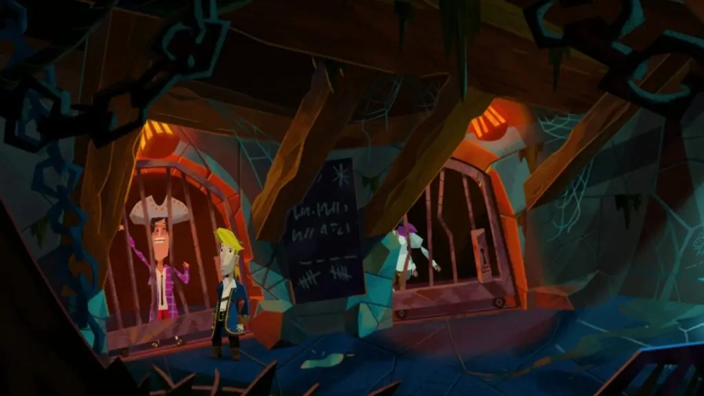 a dimly lit jail cell. a blonde-haired man stands in front of the left-most cell, which has a man in a purple coat and a large hat inside. The jailed man is waving his arms around while talking