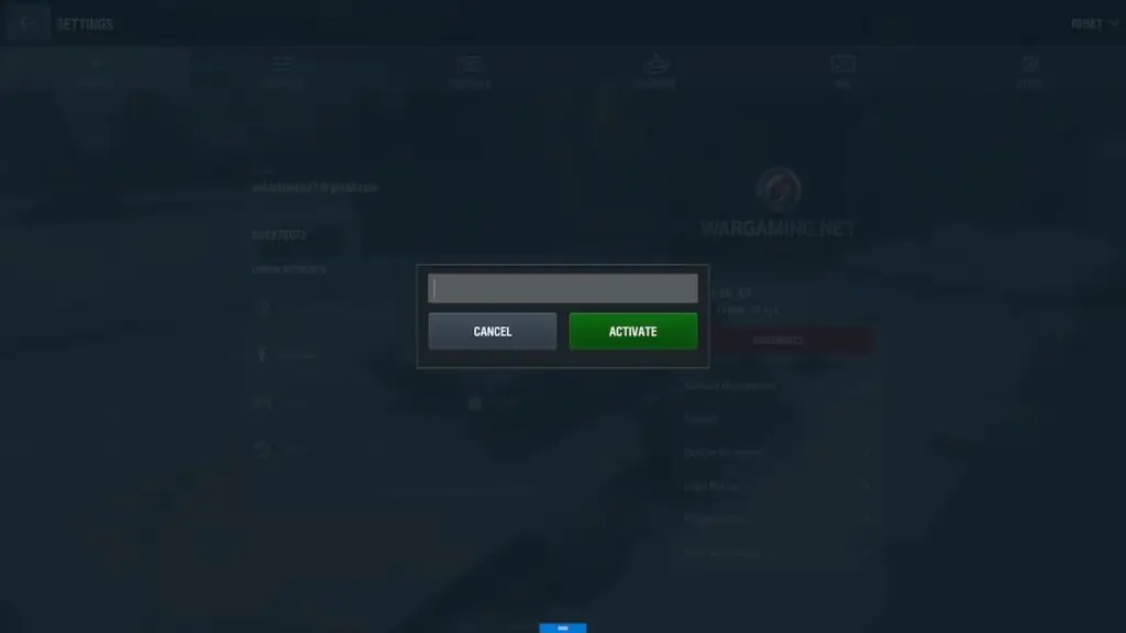 activating code in World of Tanks Blitz