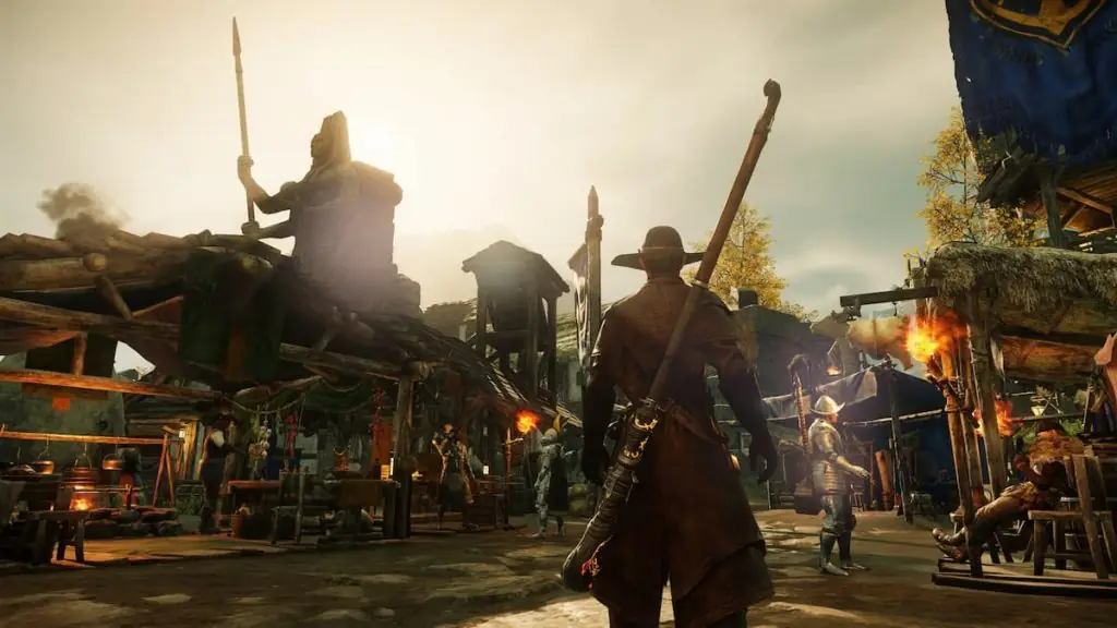 The character exploring a market area in New World