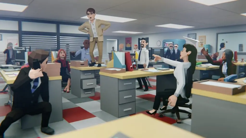 A people office with a man dancing at his desk.