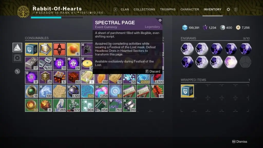 Destiny 2 difference between Spectral Pages and Manifested Pages - Spectral Page in inventory.