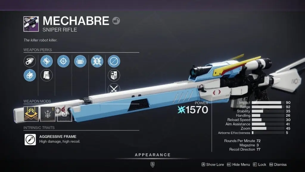 Destiny 2 Mechabre God Roll Guide - weapon inspection.