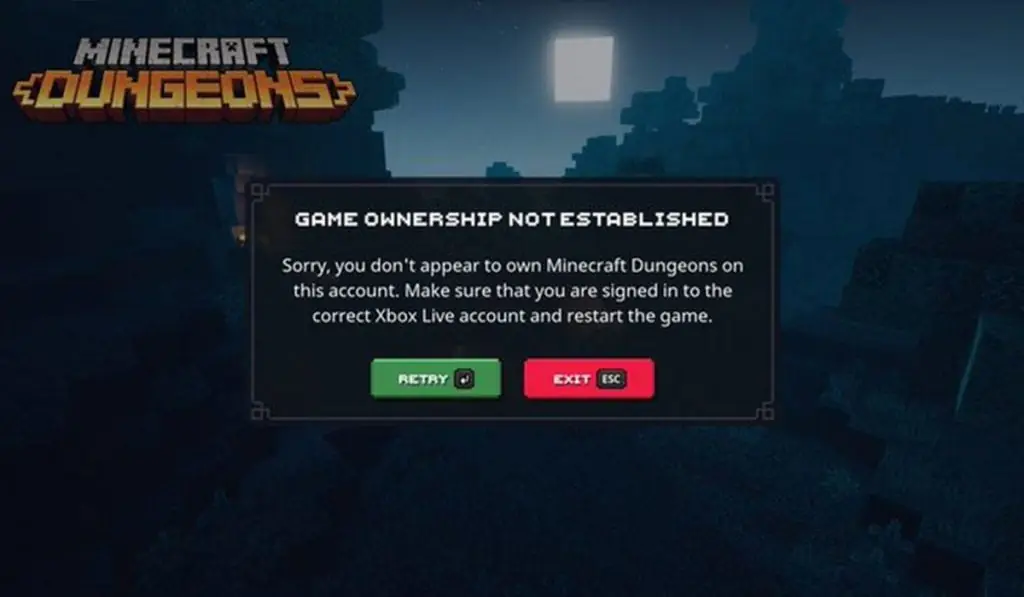 Minecraft Dungeons Game Ownership Not Established