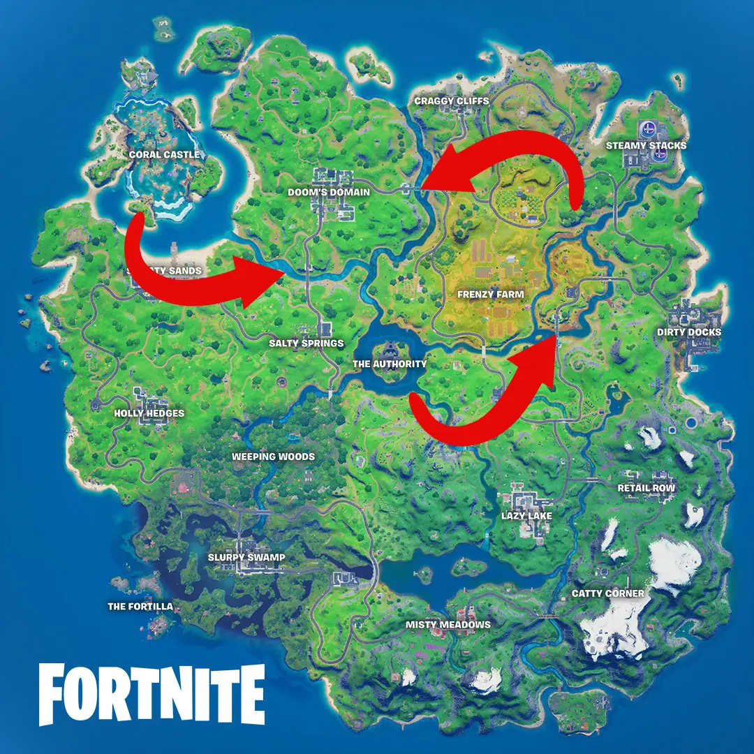 Ride A Motorboat Under Different Colored Steel Bridges In Fortnite